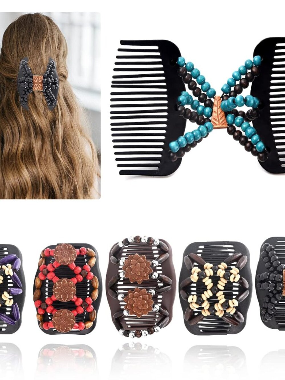 Magic Hair Combs For Women Wood Beaded Stretch Double Hairs Side Combs Adjustabl